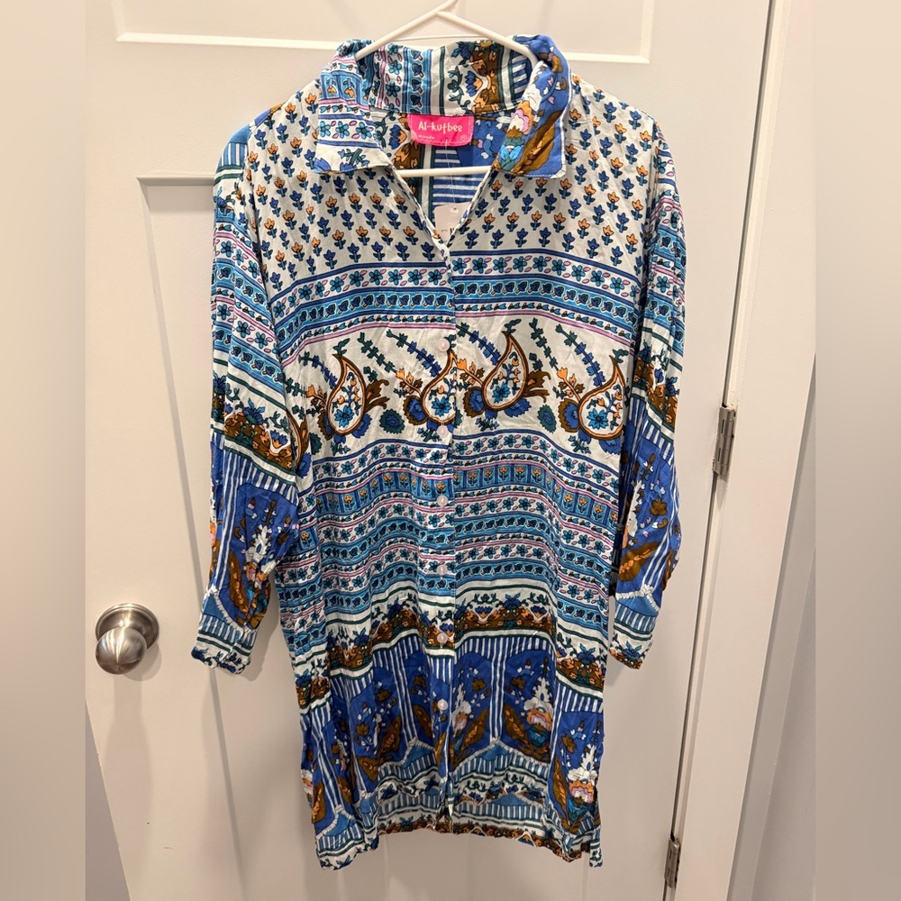 Al-kutbee Boho Floral Tunic Top NWT | Blue Paisley Button Front M
